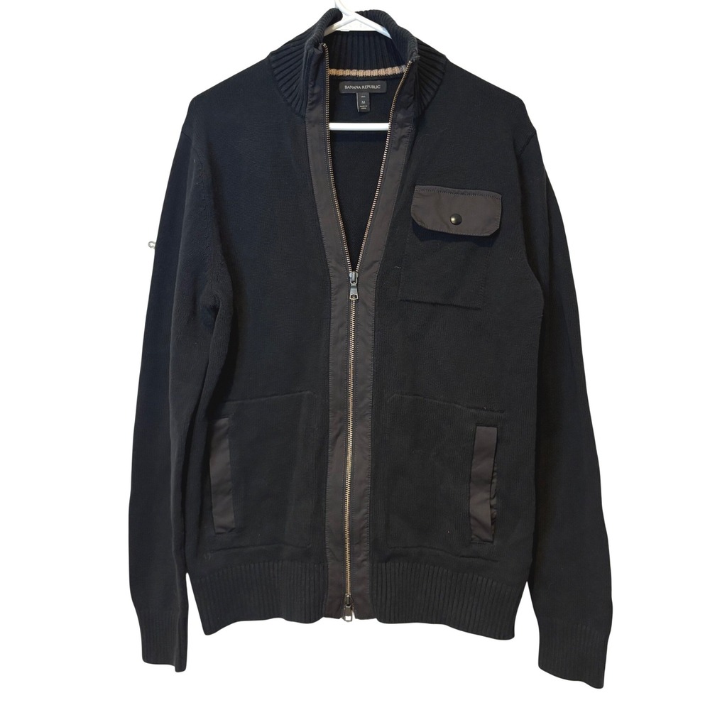 Banana Republic Mens Black Full Zip Knit Sweater Jacket Utility Pockets M Tall‎